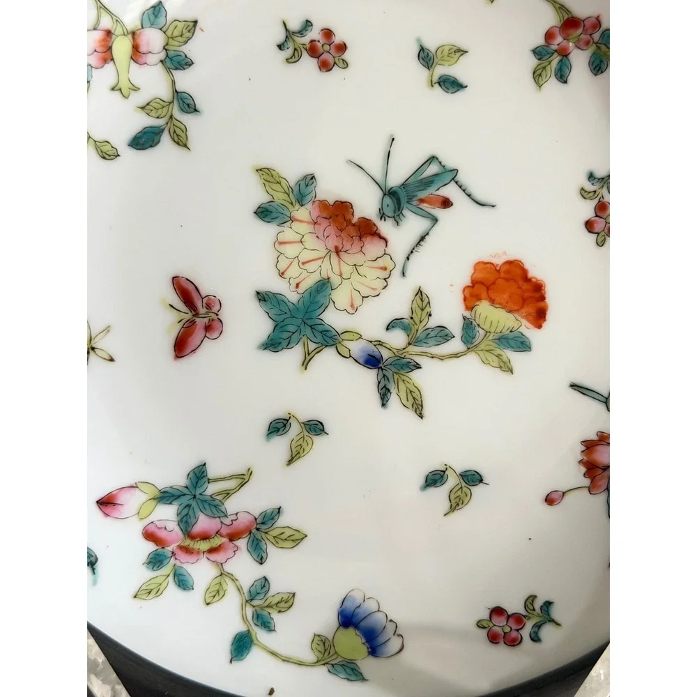Vtg‎ Pewter Encased Porcelain Bowl Hong Kong Hand Painted Floral Butterfly 7.25